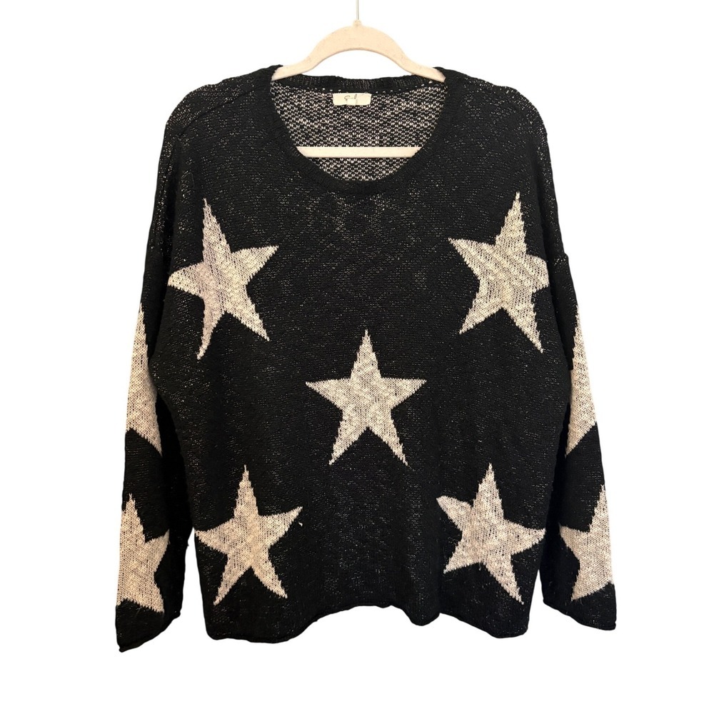 Easel Womens Black White Oversized Star Print Knit Sweater Crew Neck Medium